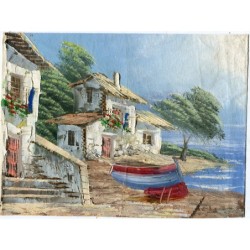 Maisons au bord de la mer. Huile sur toile, non encadrée, signée illisiblement.