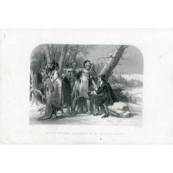 Roger William unter dem Schutz der Narragansett-Indianer. Kupferstich von 1863