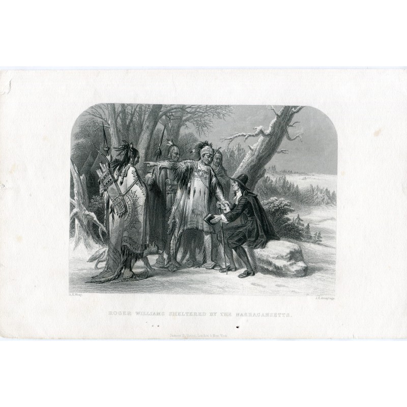 Roger William unter dem Schutz der Narragansett-Indianer. Kupferstich von 1863