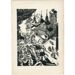 Pedro Marco. Kupferstich einer Stadt während ihrer Festlichkeiten. Signiert.