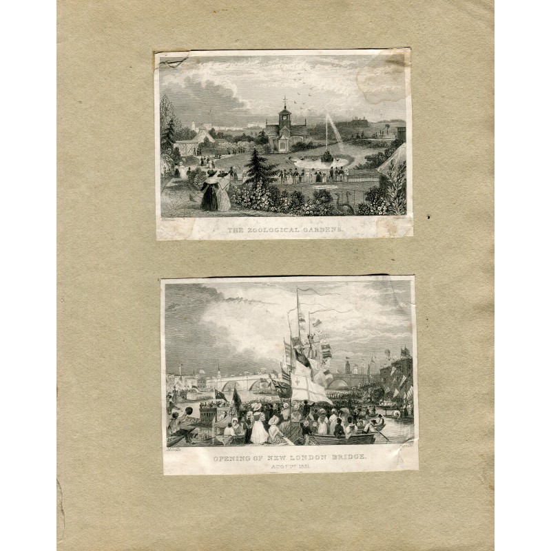 Pareja grabados 'The Zoological Gardens' y 'Opening of New London Bridge'.