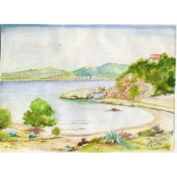 Paesaggio marino. Acquerello firmato A. Reyes e datato 6-6 50