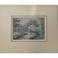 Dessin « Paysage fluvial », XIXe siècle. Dans le coin inférieur droit, des initiales pourraient constituer la signature.
