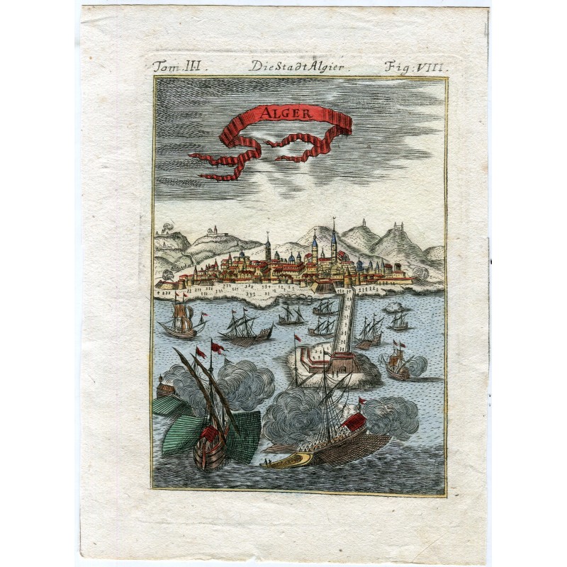 Die Stadt Algier., grabado coloreado por Alain Mallet, cartógrafo e ingeniero militar francés 1719