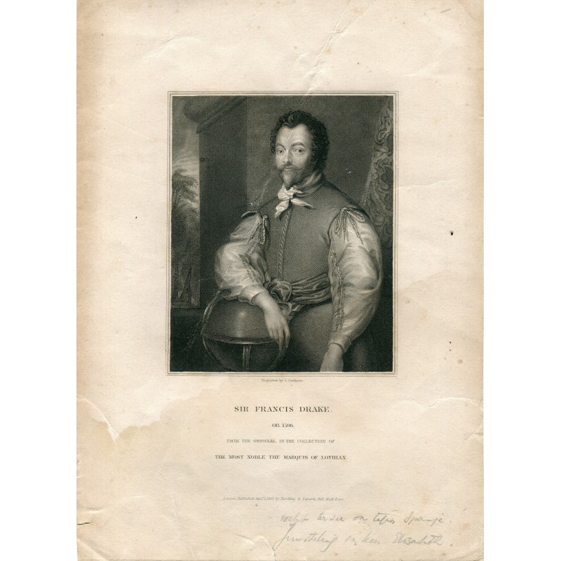 Ritratto di Sir Francis Drake, incisione di J. Cochran, 1849.