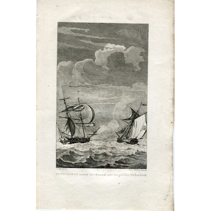 Grabado del capitan americano Cunnigham conquista un barco ingles en el canal, 1777