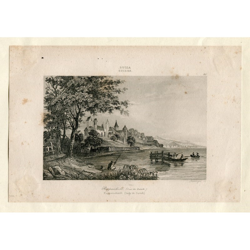 Suisse. Zurich. Rapperschwill, lac de Zurich. Gravure du XIXe siècle.