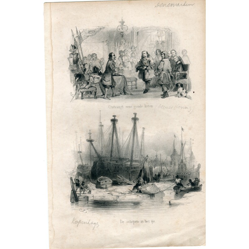 Lithographie Recevant une chaîne en or et les navires la glace