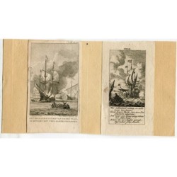 Paire de gravures de la bataille des navires hollandais contre les corsaires algériens.