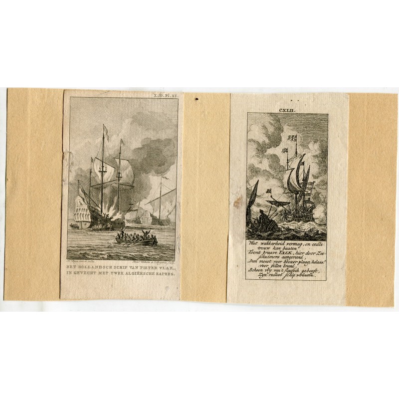Paire de gravures de la bataille des navires hollandais contre les corsaires algériens.