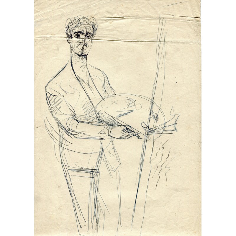 José Lopez Guntín. Dessin d'un peintre avec sa palette. Je crois que c'est un autoportrait.