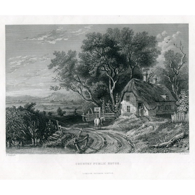 Angleterre. Gravure d'un pub de campagne par F.J. Havell d'après P. Nasmyth