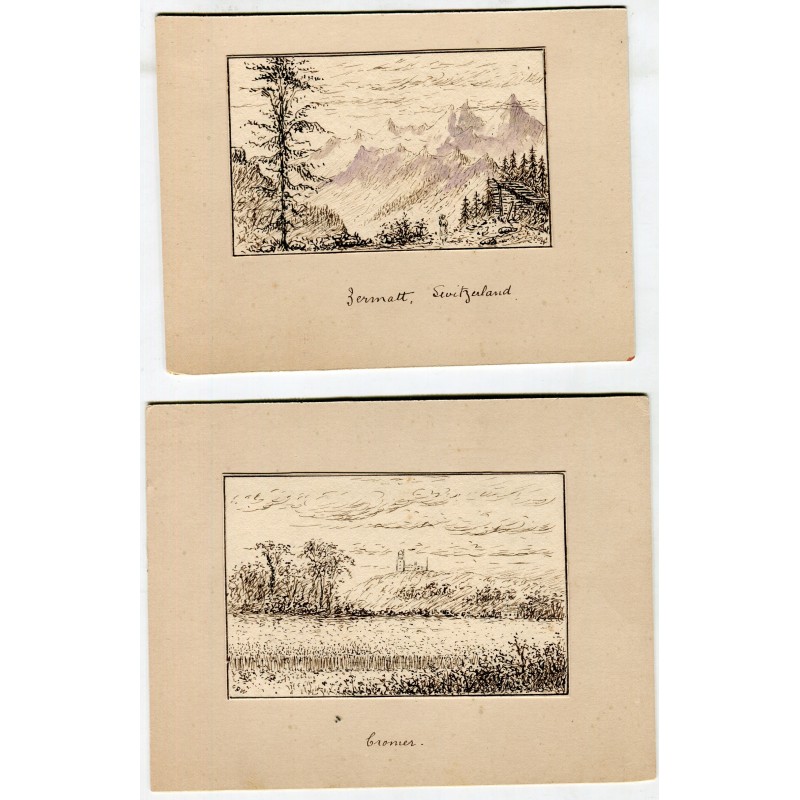 Switzerland. Four small drawings of Switzerland, St. Gotthard Pass.