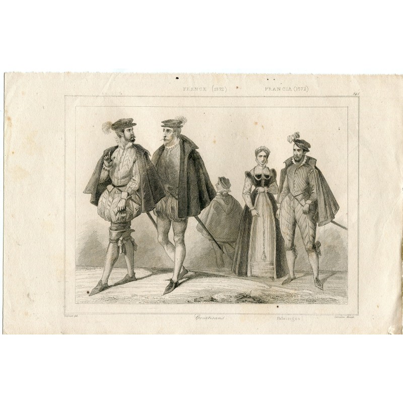 Francia. Courtisans. Grabado por Lemaitre de un dibujo de vernier.