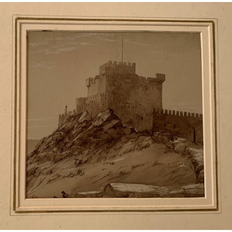 Sicily. Norman castle La Falconara. (13th century). 19th-20th century watercolor.