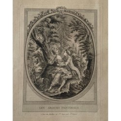École française. Les Amours pastorales, gravure publiée à Paris dans Mondhare, XVIIIe siècle.