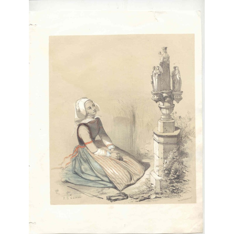 Giovane che prega. Disegno di P.S. Germain. Litografato da Formentin & Cie.