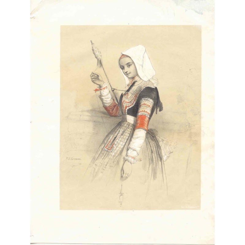 Junge Frau mit einem Spinnrad. Gezeichnet von PS Germain. Lithografiert von Formentin & Cie.