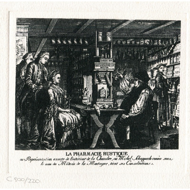 La farmacia rustica grabado basado en un dibujo de G. Locher, 1774. Numerado 220/500