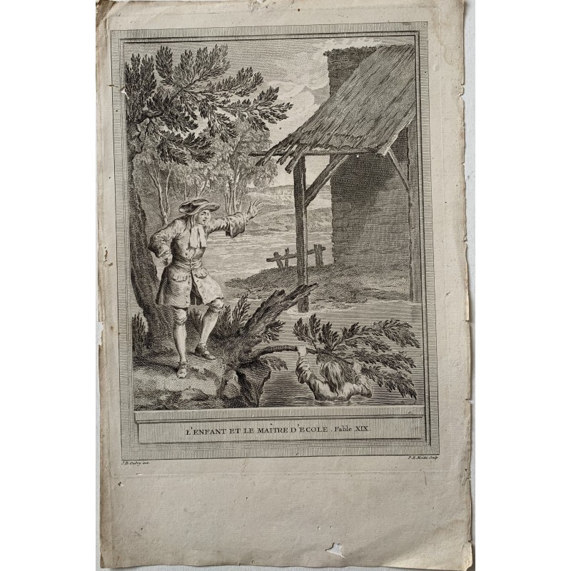 Grabado L'enfant et la maitre d'ecole Fable XIX