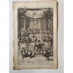 Les noces de Cana - Gravure ancienne originale d'après G Freman, XVIIe siècle.