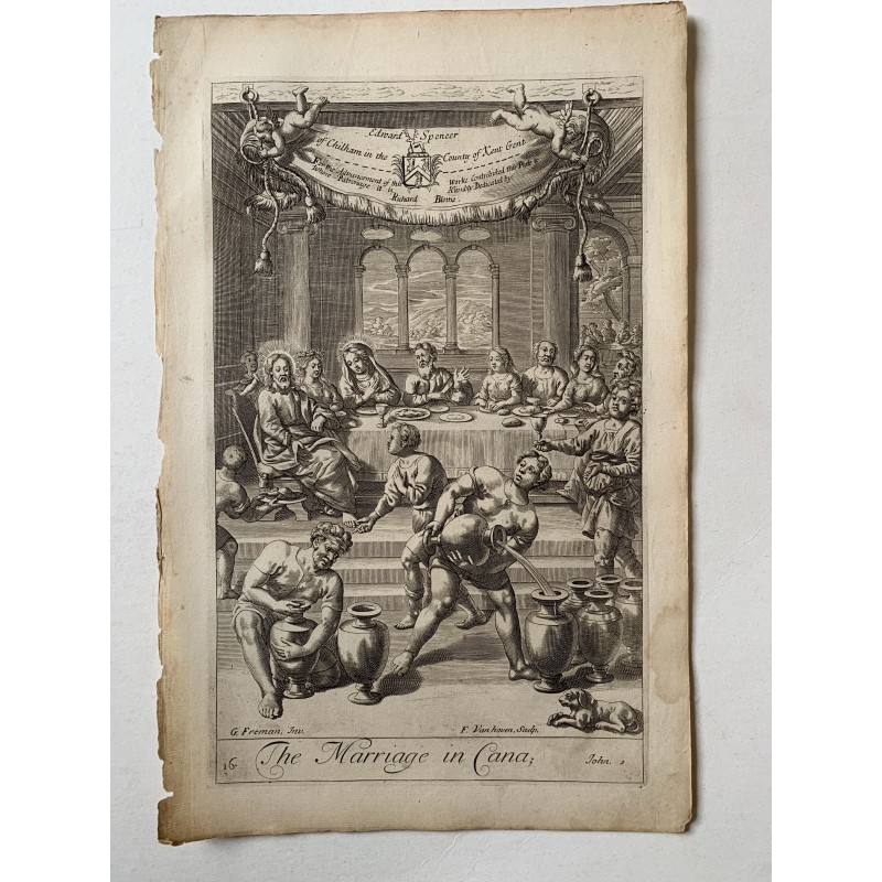 Les noces de Cana - Gravure ancienne originale d'après G Freman, XVIIe siècle.