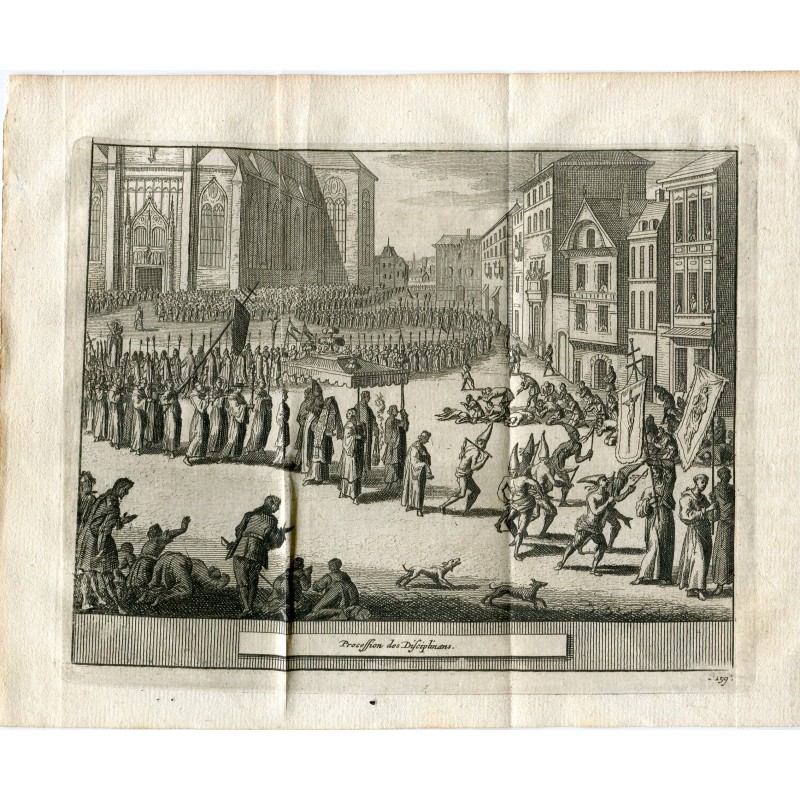 Processione dei disciplinari. Antica incisione su acciaio - Pieter Van der Aa (Alvarez de Comenar). 1715.