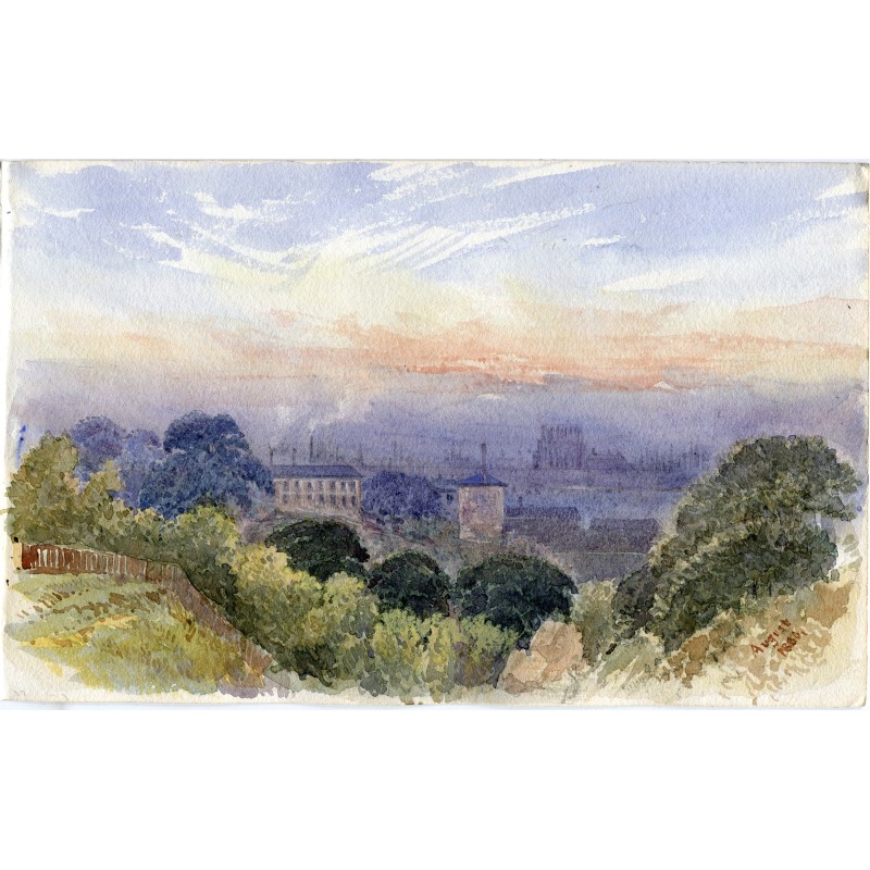 Landschaft mit einem Schloss. Anonymes Aquarell aus dem 19. Jahrhundert, datiert August 1886.