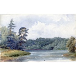 Paysage avec un lac. Aquarelle anglaise du XIXe siècle.