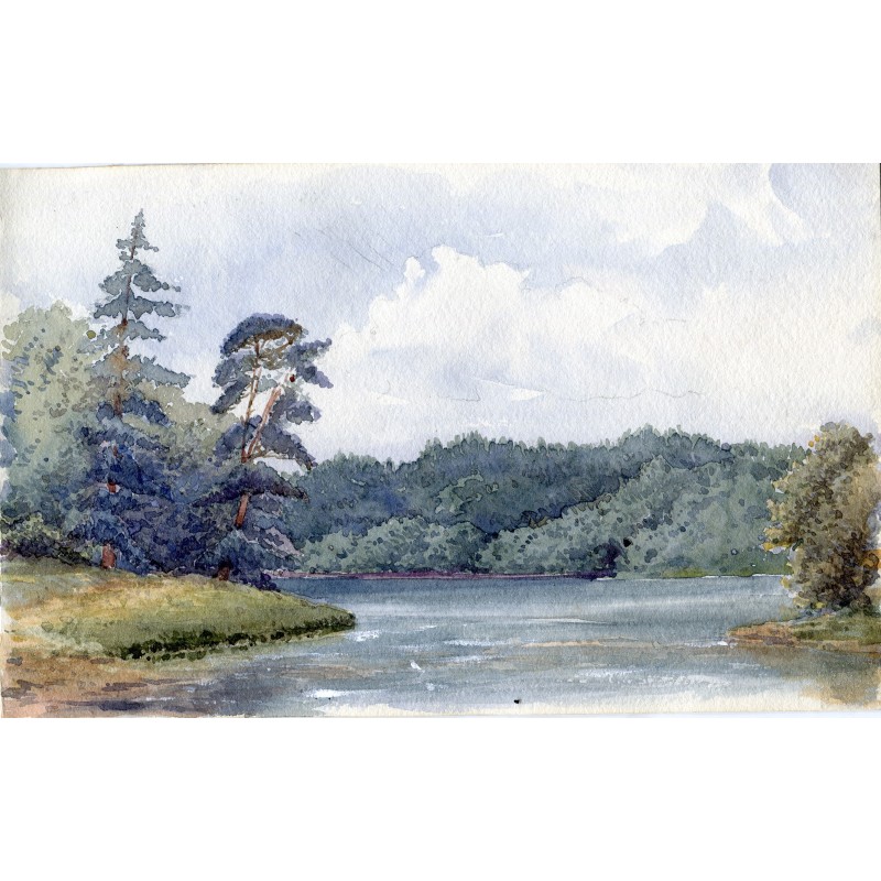 Landschaft mit einem See. Englisches Aquarell aus dem 19. Jahrhundert.
