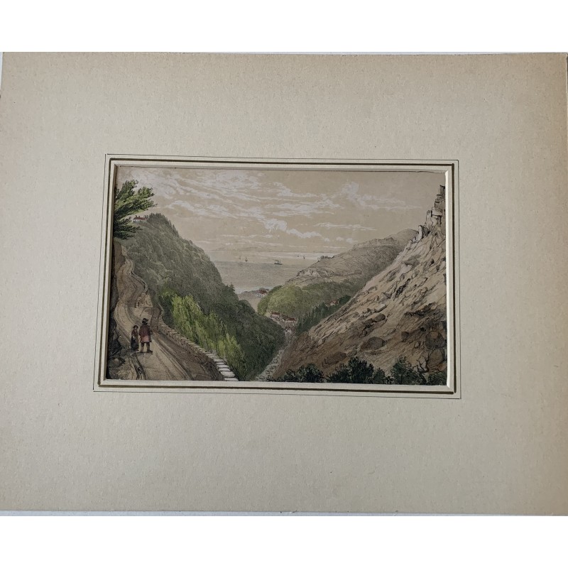 Berglandschaft. Anonyme englische Farblithografie aus dem 19. Jahrhundert.