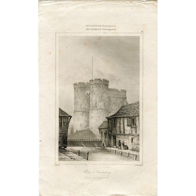 Inglaterra. Porte a Canterbury grabado por par Lemaitre de un dibujo de Gibert