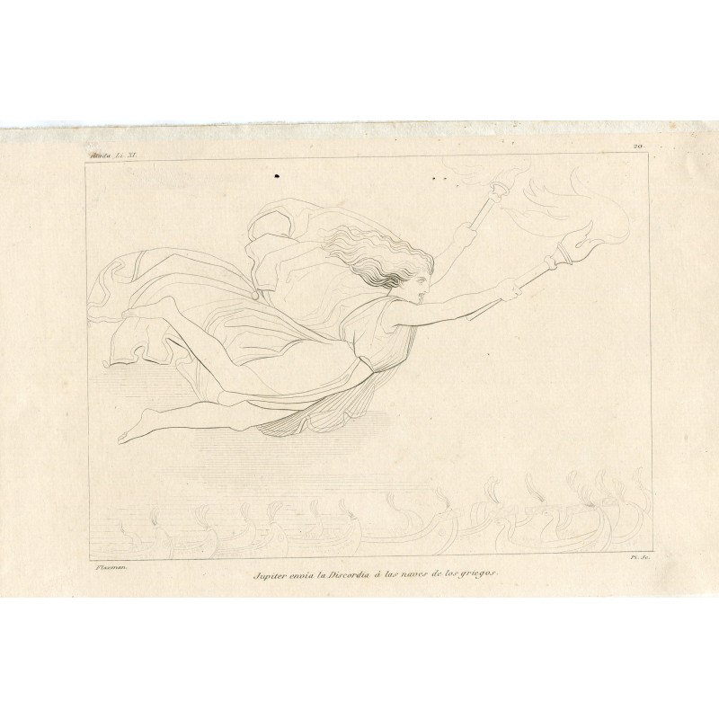 Jupiter envia la Discordia a las naves de los griegos. Grabado por Pi y Margall de un dibujo de Flaxman.