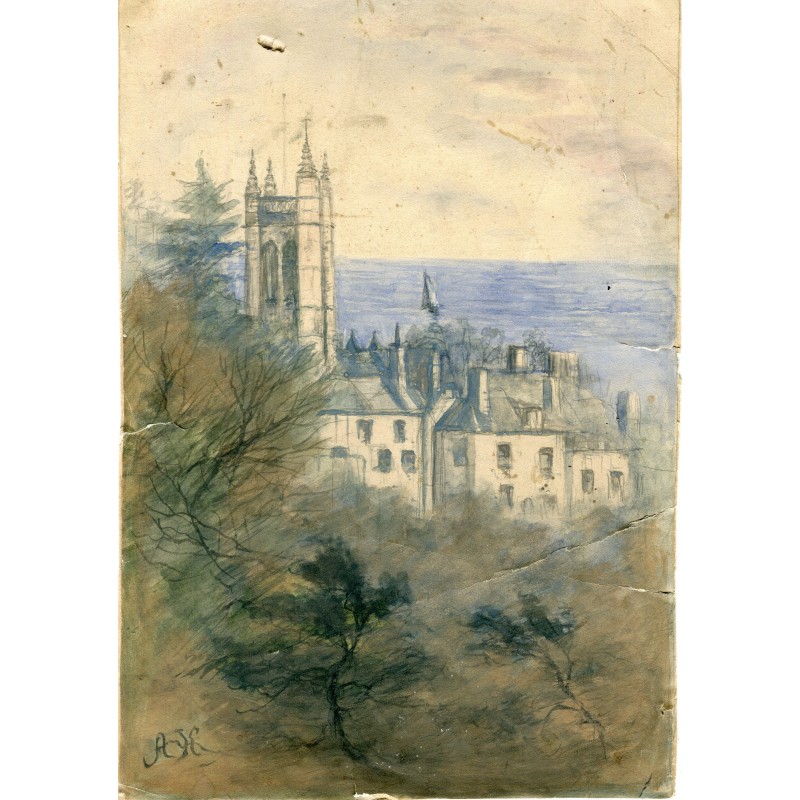 Inghilterra. San Michele a Teignmouth. Acquerello della scuola inglese del XIX secolo.