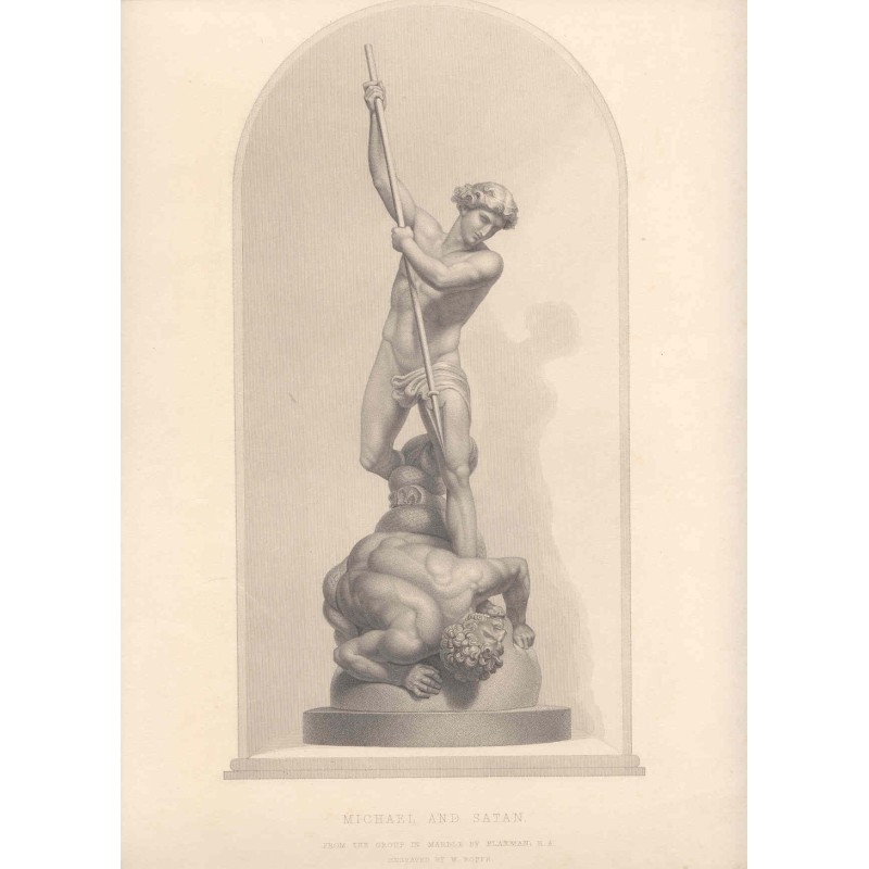 Scultura di Michele e Satana. Incisione del 1849 di W. Roffe