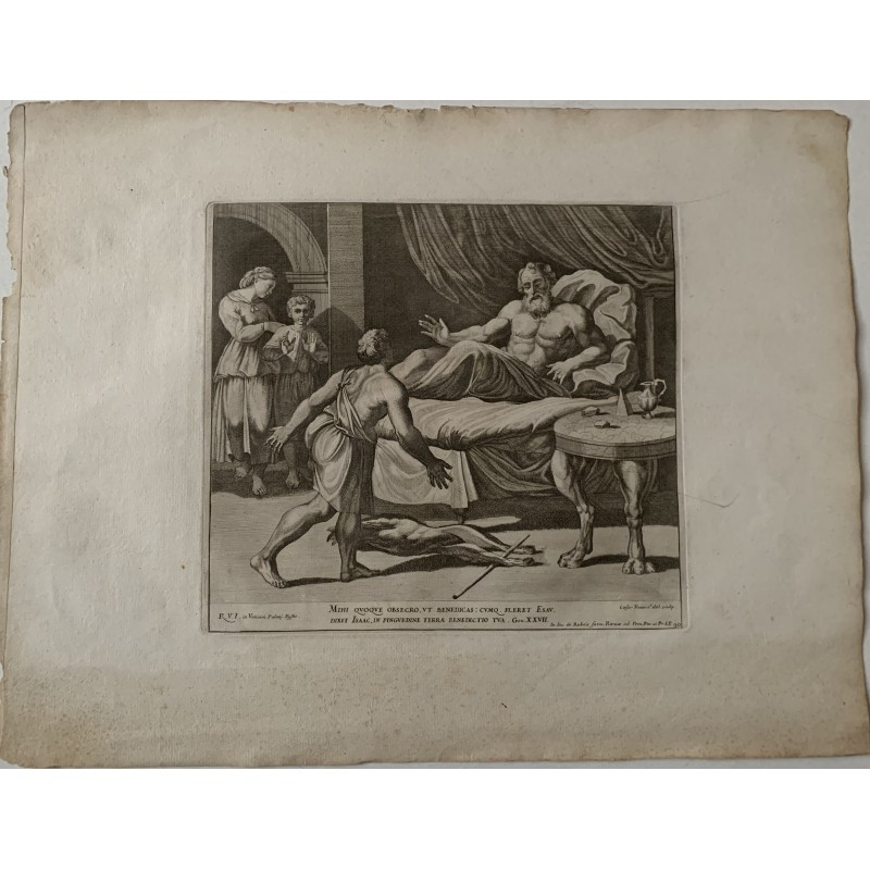 Die Bibel. Isaak verspricht Esau einen zweiten Segen, gezeichnet und gestochen von Cesare Fantetti