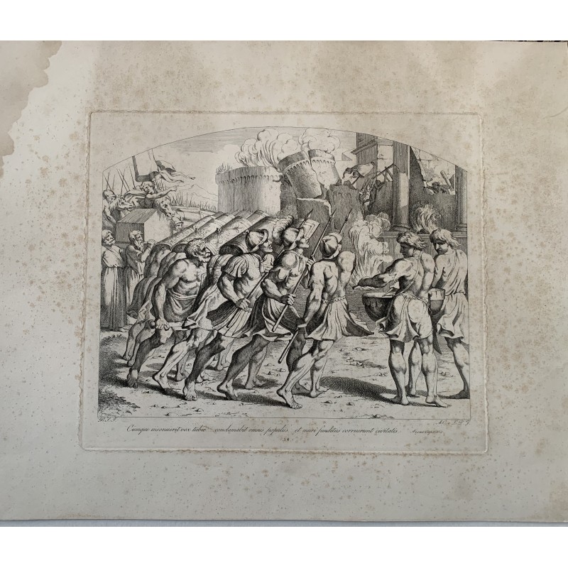 Josue ve caer  los muros de Jericó. Grabado del siglo XVIII sobre un cuadro de Rafael.