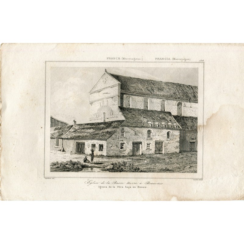 Stich aus dem 19. Jahrhundert der Kirche von La Basse im merowingischen Frankreich. Altes Beauvais