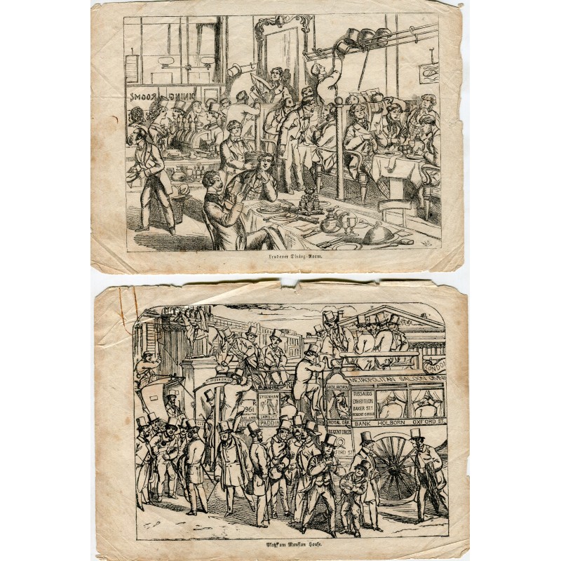Dining rooms in Bucklersbury, London y Omnibuses in the bank grabados 1854