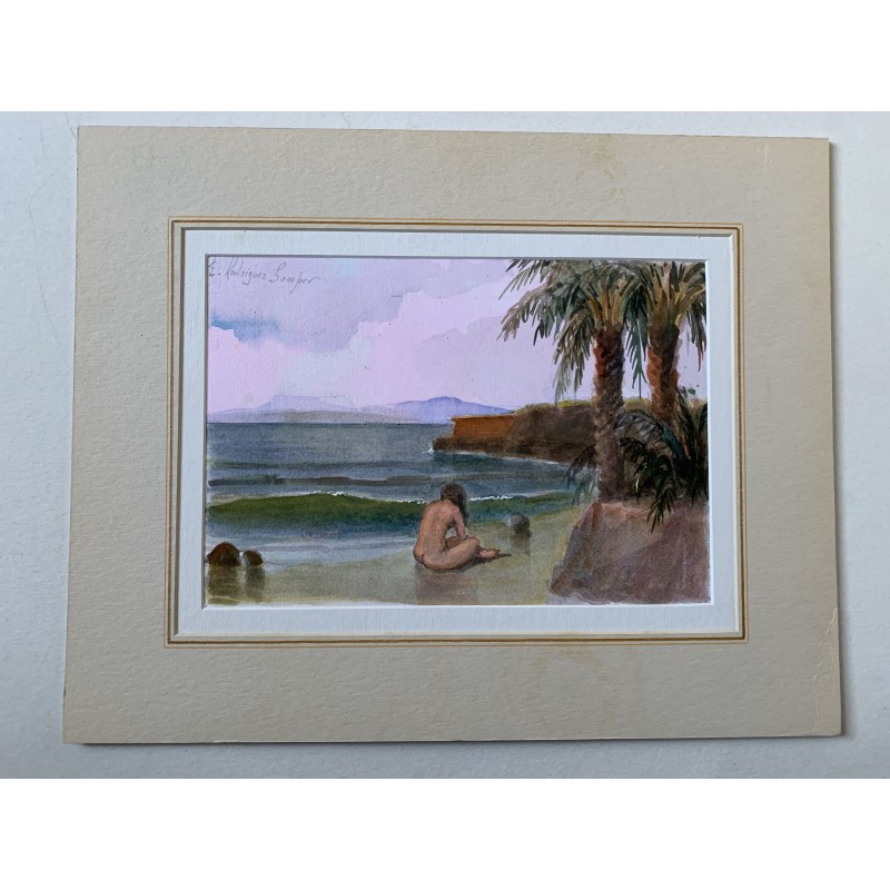 Aquarell Eduardo Rodriguez Samper Badender auf der Insel Tabarca.