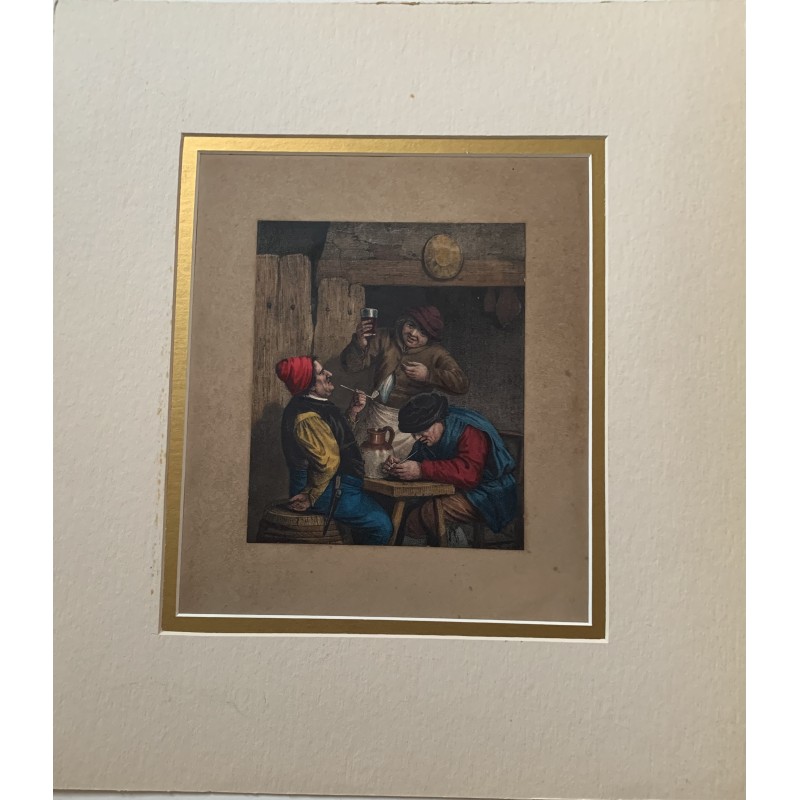 École hollandaise du XIXe siècle. Trois personnages dans une taverne.