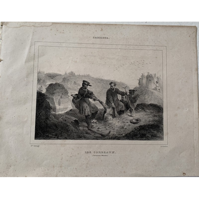 Les corbeaux.. Schlachtfeldlithographie von Frey im Jahr 1840 nach einer Zeichnung von Hippolyte Bellange