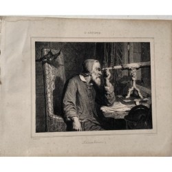 Galileo Galilei con il suo telescopio. Litografia di Lemercier da un disegno di A. de Lemua.