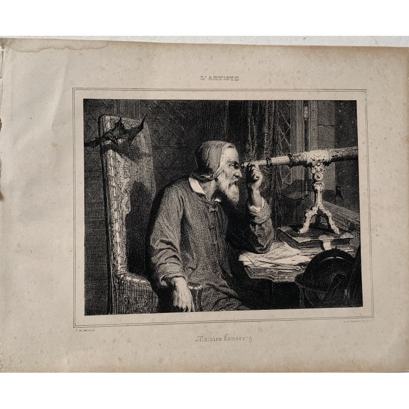 Galilée avec sa lunette. Lithographie de Lemercier d'après un dessin d'A. de Lemua.