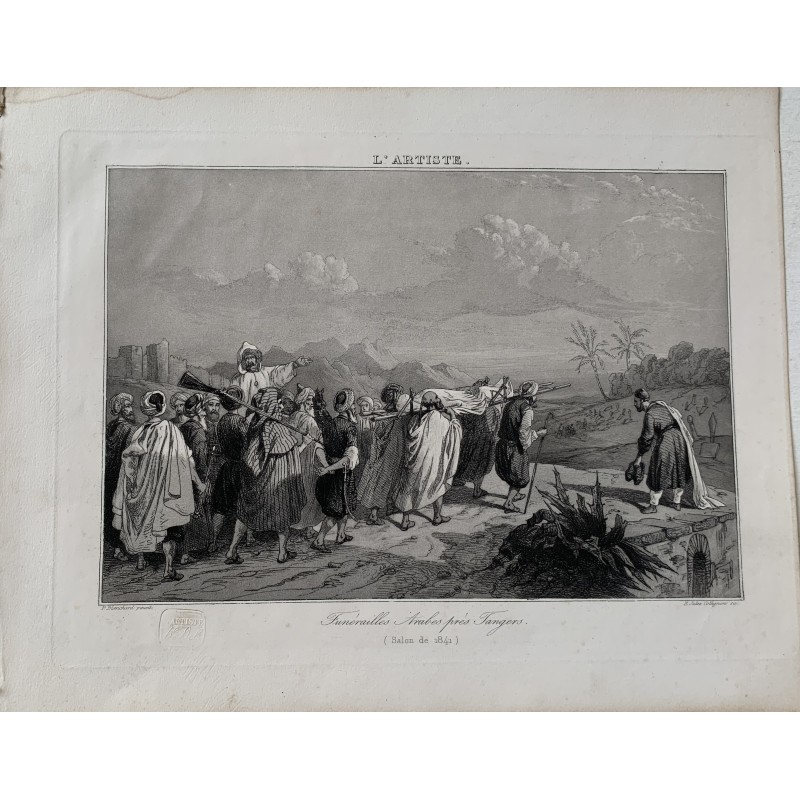 Funérailles arabes près de Tanger. Gravure de 1841 par E. Jules Callignon d'après un dessin de P. Blanchard.