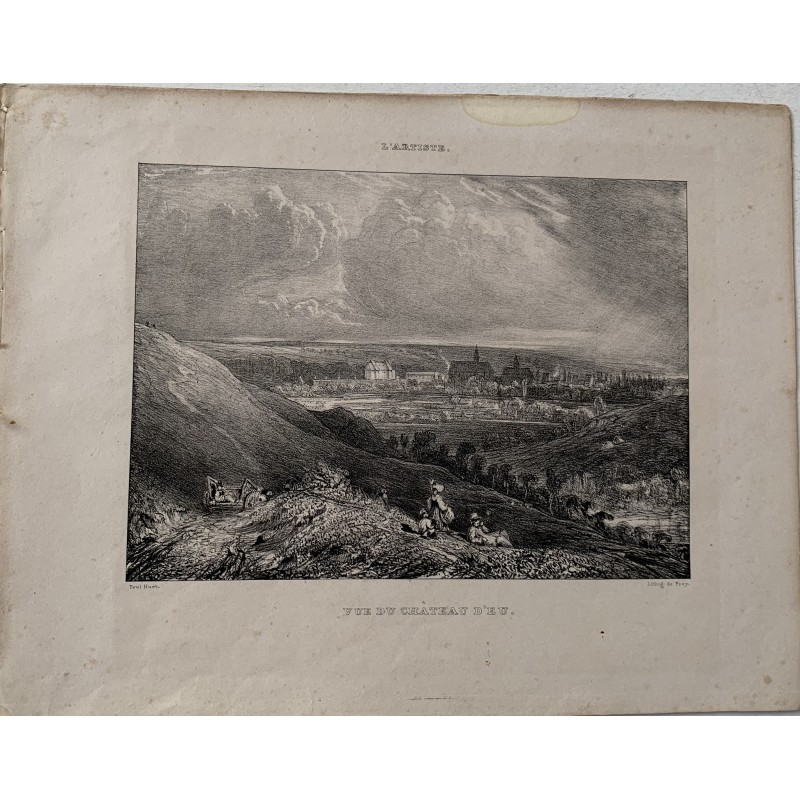 Vue du Chateau D'eu litografia por Frey de un dibujo de Paul Huet. 1834