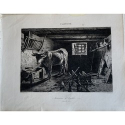 Intérieur de l'Écurie, gravé par Ed. Hedouin d'après un ouvrage d'Armand Leleux, publié en 1841.