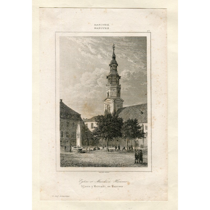 Germany. Church and Market in Hanover. Engraving by Lemaitre, 1852