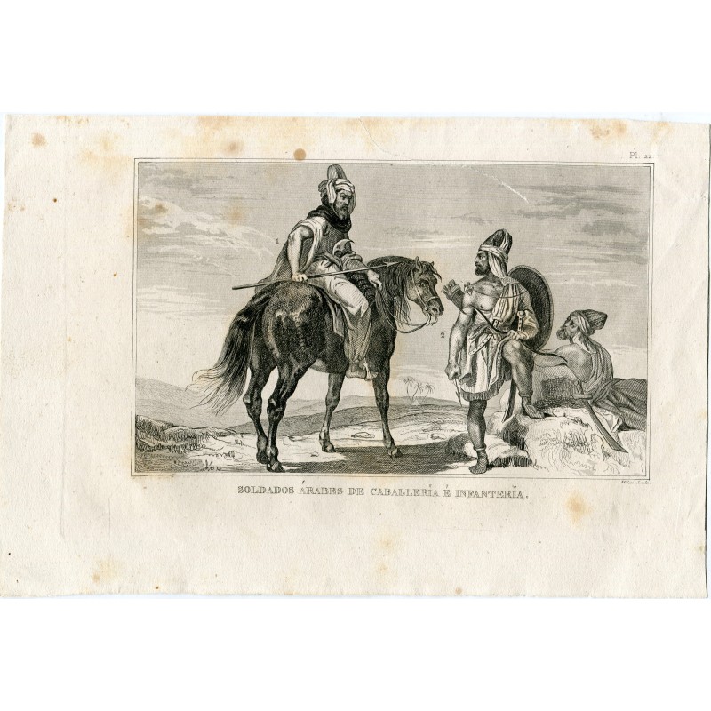 Soldati arabi di cavalleria e fanteria. Incisione di Milen da un disegno di Lalaisse, 1859.