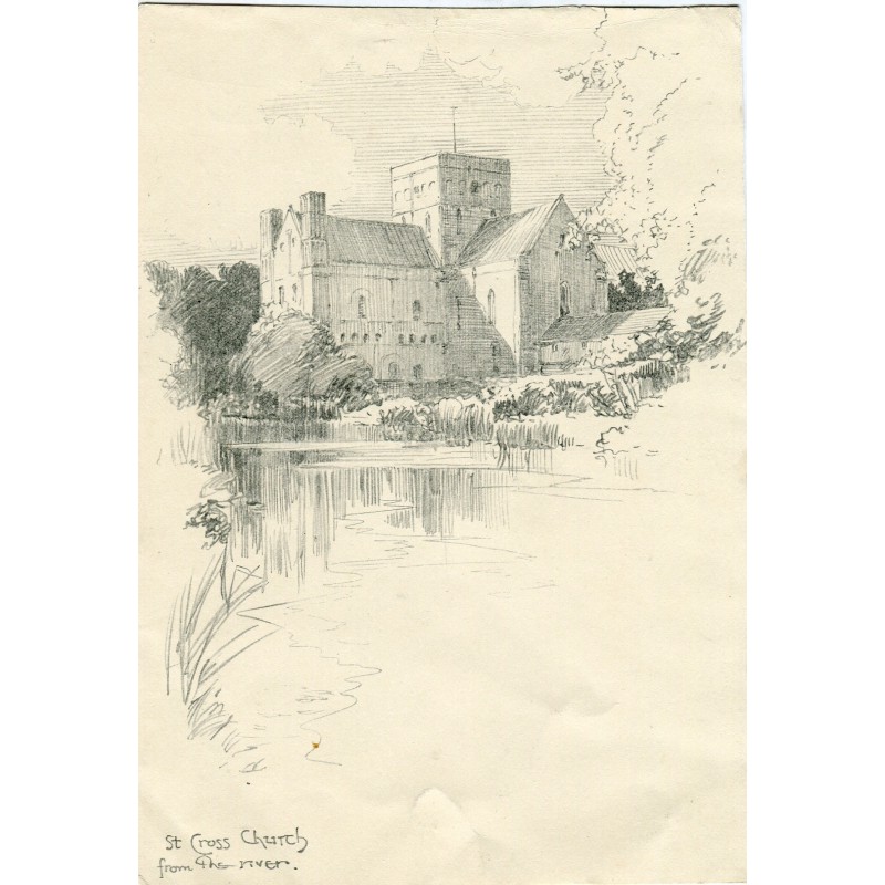 England. St.-Kreuz-Kirche vom Fluss aus. Bleistiftzeichnung.